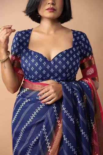 blue stripes print cotton silk ready to wear saree | pre draped party wear saree
