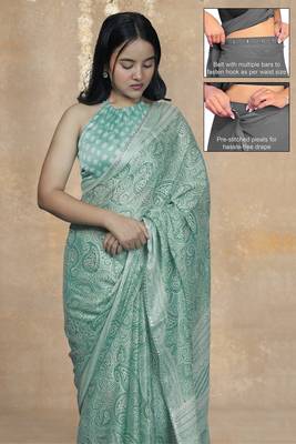 green paisley print chiffon ready to wear saree | pre draped party wear saree 2