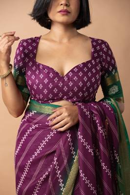 magenta stripes print cotton silk ready to wear saree | pre draped party wear saree 5