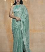 green paisley print chiffon ready to wear saree | pre draped party wear saree