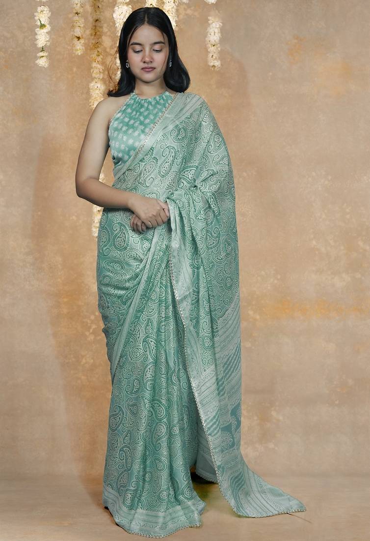 green paisley print chiffon ready to wear saree | pre draped party wear saree
