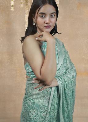 green paisley print chiffon ready to wear saree | pre draped party wear saree 3
