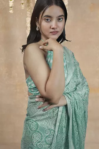 green paisley print chiffon ready to wear saree | pre draped party wear saree