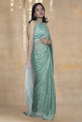 green paisley print chiffon ready to wear saree | pre draped party wear saree 4