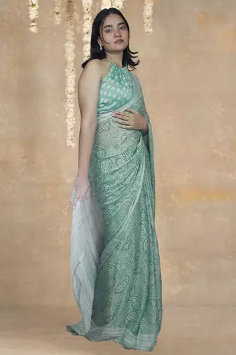 green paisley print chiffon ready to wear saree | pre draped party wear saree