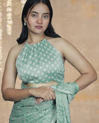 green paisley print chiffon ready to wear saree | pre draped party wear saree 5