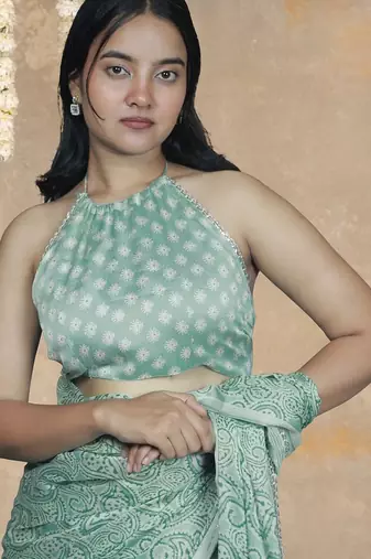 green paisley print chiffon ready to wear saree | pre draped party wear saree