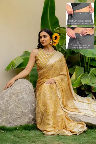 mustard paisley print chiffon ready to wear saree | pre draped party wear saree