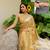 mustard paisley print chiffon ready to wear saree | pre draped party wear saree