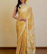 mustard paisley print chiffon ready to wear saree | pre draped party wear saree