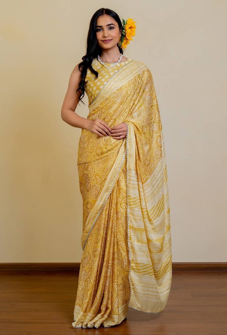 mustard paisley print chiffon ready to wear saree | pre draped party wear saree