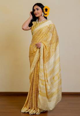 mustard paisley print chiffon ready to wear saree | pre draped party wear saree 3