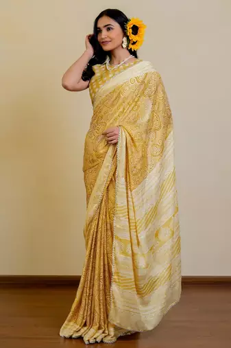 mustard paisley print chiffon ready to wear saree | pre draped party wear saree