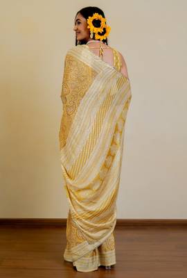 mustard paisley print chiffon ready to wear saree | pre draped party wear saree 4