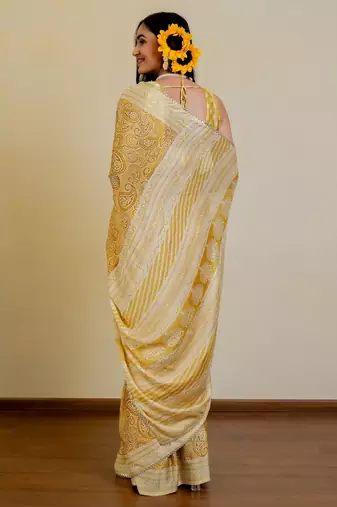 mustard paisley print chiffon ready to wear saree | pre draped party wear saree