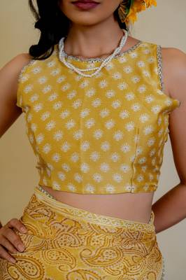 mustard paisley print chiffon ready to wear saree | pre draped party wear saree 5