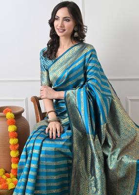 turquoise leheriya silk blend ready to wear saree | pre draped party wear saree 3