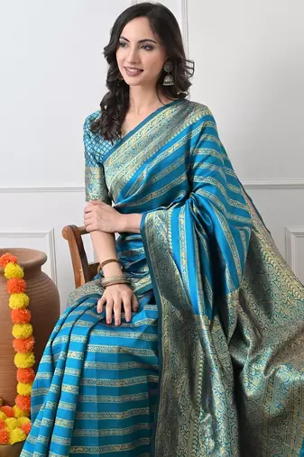 turquoise leheriya silk blend ready to wear saree | pre draped party wear saree