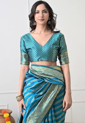 turquoise leheriya silk blend ready to wear saree | pre draped party wear saree 4