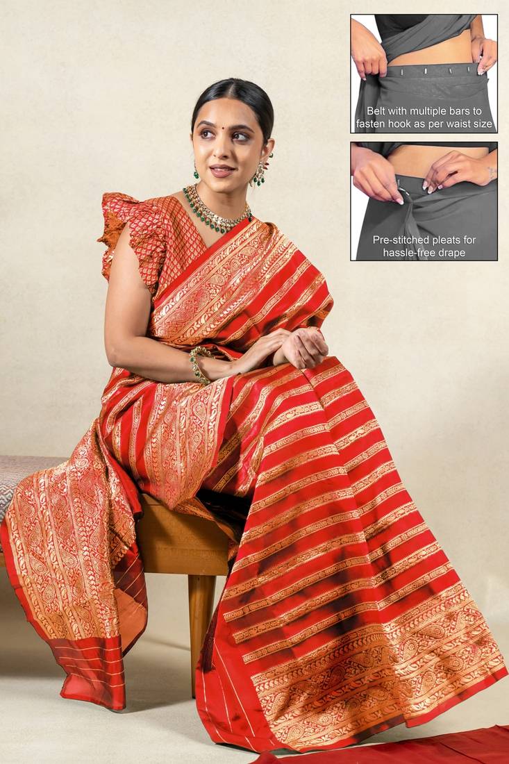 orange leheriya silk blend ready to wear saree | pre draped party wear saree
