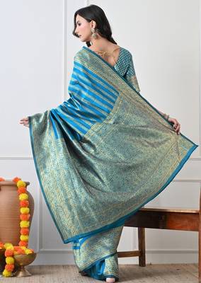 turquoise leheriya silk blend ready to wear saree | pre draped party wear saree 5