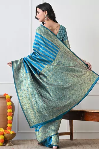 turquoise leheriya silk blend ready to wear saree | pre draped party wear saree