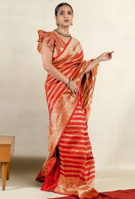 orange leheriya silk blend ready to wear saree | pre draped party wear saree 2