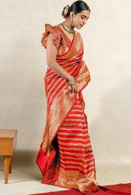 orange leheriya silk blend ready to wear saree | pre draped party wear saree 3