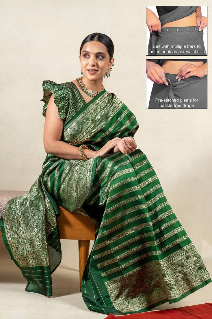 green leheriya silk blend ready to wear saree | pre draped party wear saree