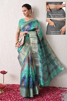 turquoise leheriya print silk blend ready to wear saree with pocket | pre draped party wear saree 1