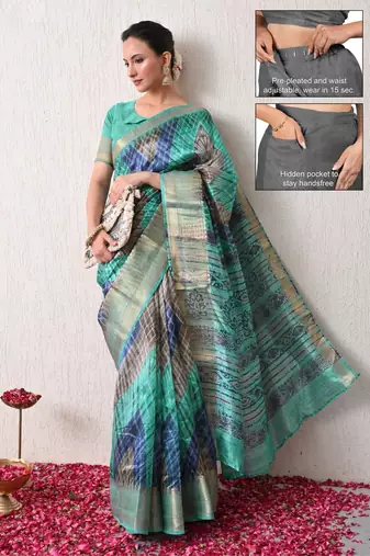 turquoise leheriya print silk blend ready to wear saree with pocket | pre draped party wear saree