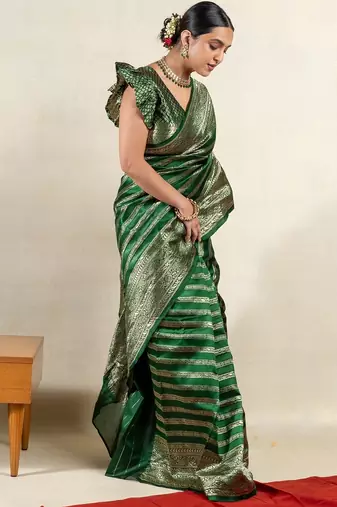 green leheriya silk blend ready to wear saree | pre draped party wear saree