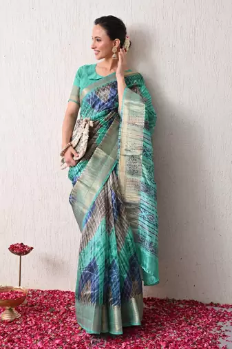 turquoise leheriya print silk blend ready to wear saree with pocket | pre draped party wear saree