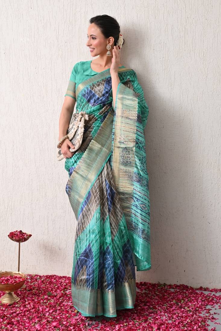 turquoise leheriya print silk blend ready to wear saree with pocket | pre draped party wear saree