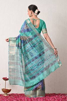 turquoise leheriya print silk blend ready to wear saree with pocket | pre draped party wear saree 3