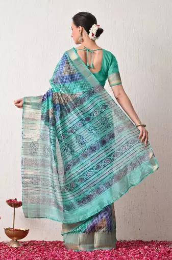 turquoise leheriya print silk blend ready to wear saree with pocket | pre draped party wear saree