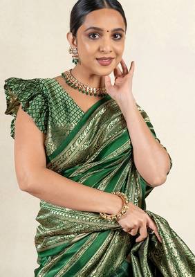 green leheriya silk blend ready to wear saree | pre draped party wear saree 4