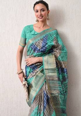 turquoise leheriya print silk blend ready to wear saree with pocket | pre draped party wear saree 4