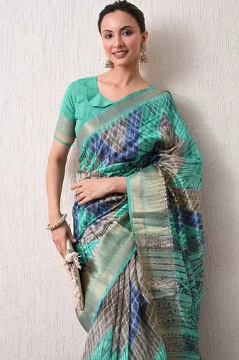 turquoise leheriya print silk blend ready to wear saree with pocket | pre draped party wear saree
