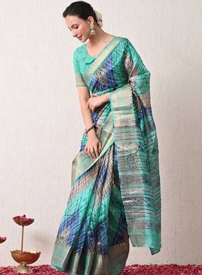 turquoise leheriya print silk blend ready to wear saree with pocket | pre draped party wear saree 5