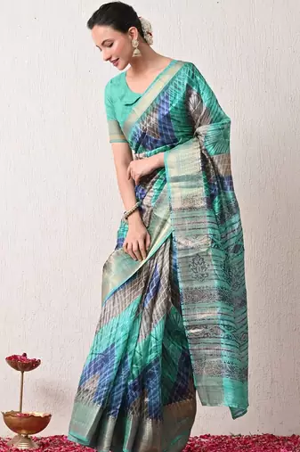 turquoise leheriya print silk blend ready to wear saree with pocket | pre draped party wear saree