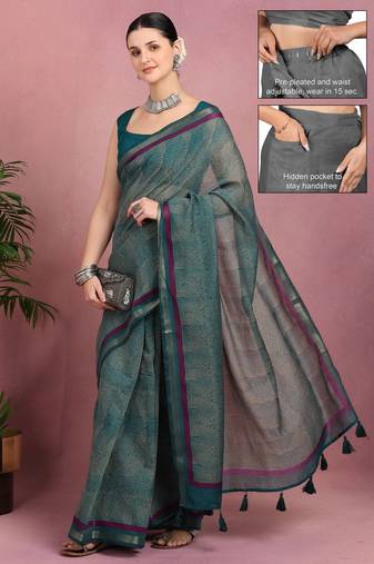 teal geometric print cotton blend ready to wear saree with pocket | pre draped party wear saree