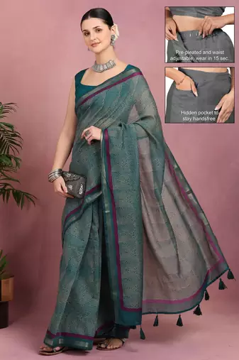 teal geometric print cotton blend ready to wear saree with pocket | pre draped party wear saree