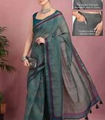 teal geometric print cotton blend ready to wear saree with pocket | pre draped party wear saree