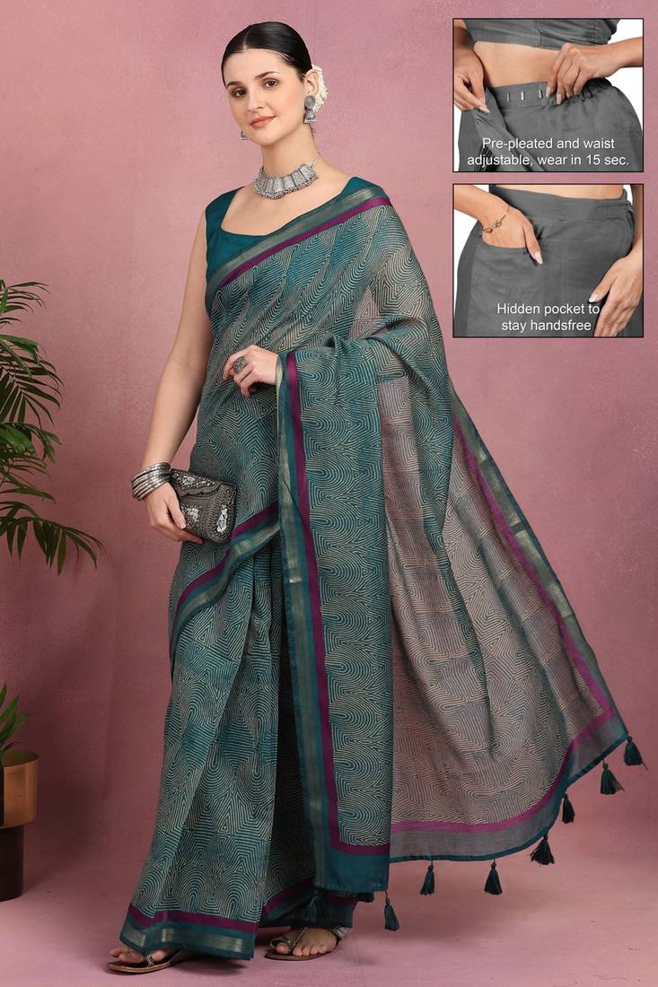 teal geometric print cotton blend ready to wear saree with pocket | pre draped party wear saree