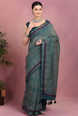 teal geometric print cotton blend ready to wear saree with pocket | pre draped party wear saree 2