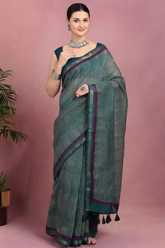 teal geometric print cotton blend ready to wear saree with pocket | pre draped party wear saree