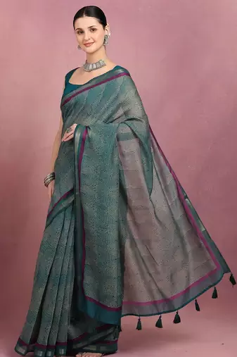 teal geometric print cotton blend ready to wear saree with pocket | pre draped party wear saree
