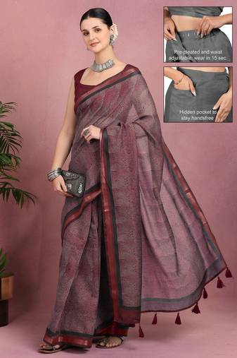 geometric print cotton blend ready to wear saree with pocket | pre draped party wear saree