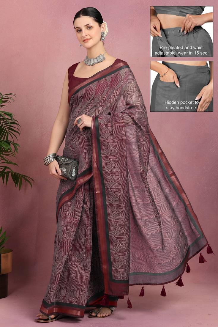 geometric print cotton blend ready to wear saree with pocket | pre draped party wear saree